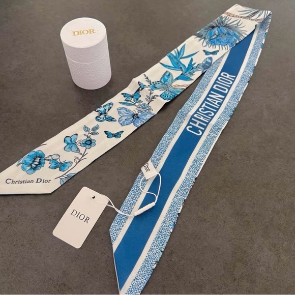 Dior Accessories - Dior Blue & White Floral and Stripe Silk Twilly Scarf